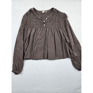 Gap Smocked Henley Blouse Medium Brown Plymouth Rock Long Sleeve Dobby Top